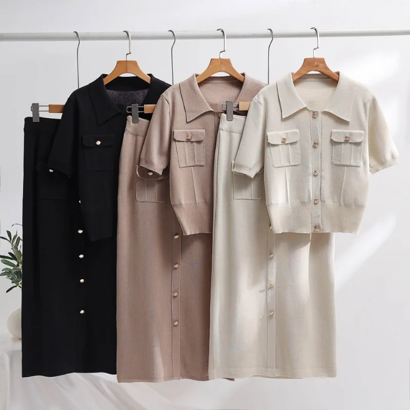 Knit POLO Collar Short-sleeved Tops Women T-shirt High Waist Fake Pocket Long Dress Daily Elegant Commuting Two-piece Dress Set