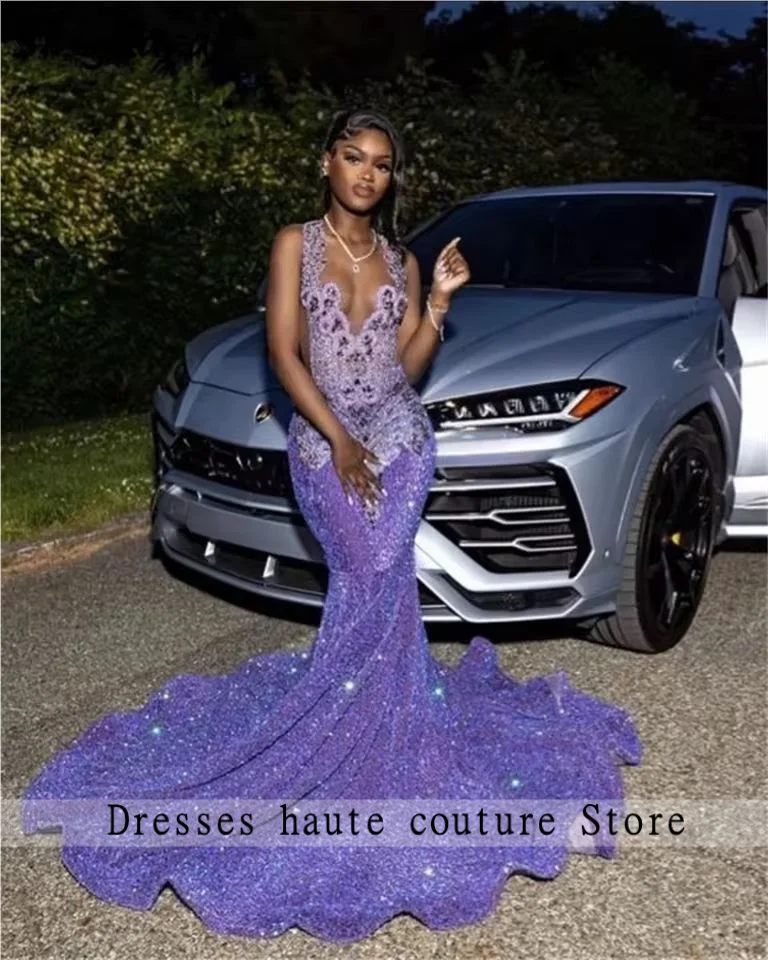 Purple Crystal Sequins Prom Dress 2026 For Black Girls Mermaid Style Lilac Rhinestones Party Gowns Graduation Dress Customized