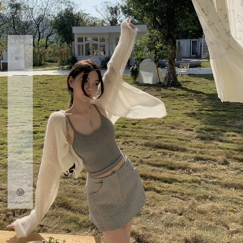 

White Wool Knitted Open Cardigan Women's Camere V-ne Thin Outerwear Long Sve Regular Length Pure Color Spring Faion