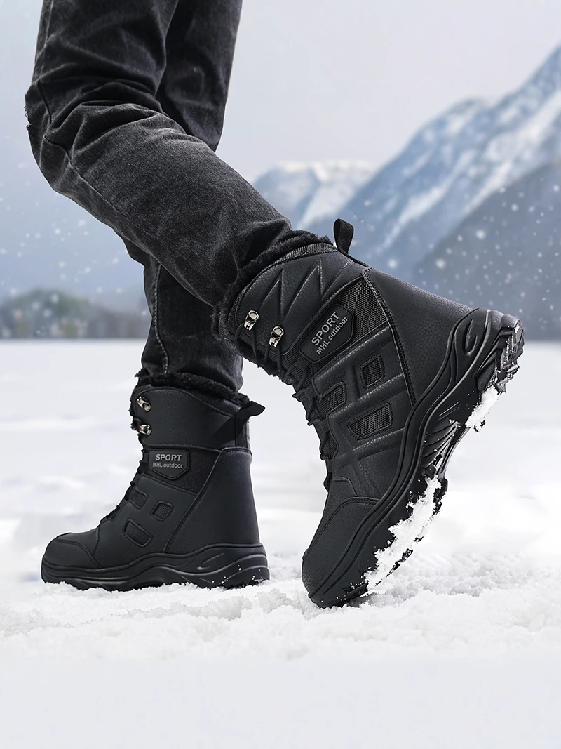 Men's Winter Snow Boots Fleece Lined Leather Upper High Top Outdoor Cotton Boot Warmth Waterproof Large Size 47 Zipper Closure