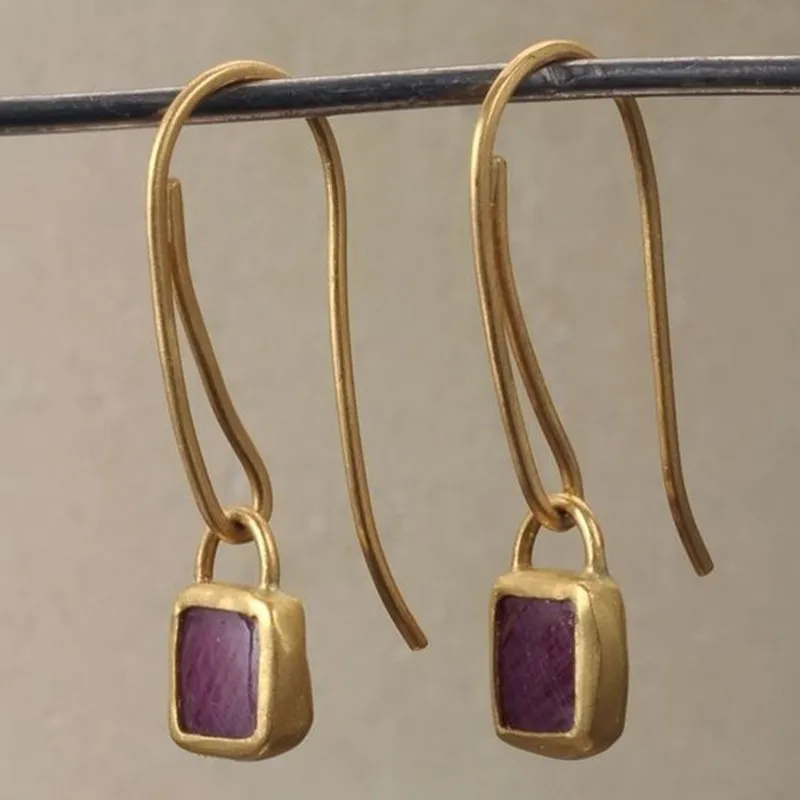 Ethnic Square Purple Stone Hook Earrings Vintage Jewelry Gold Color Metal Geometry Long Dangle Earrings for Women