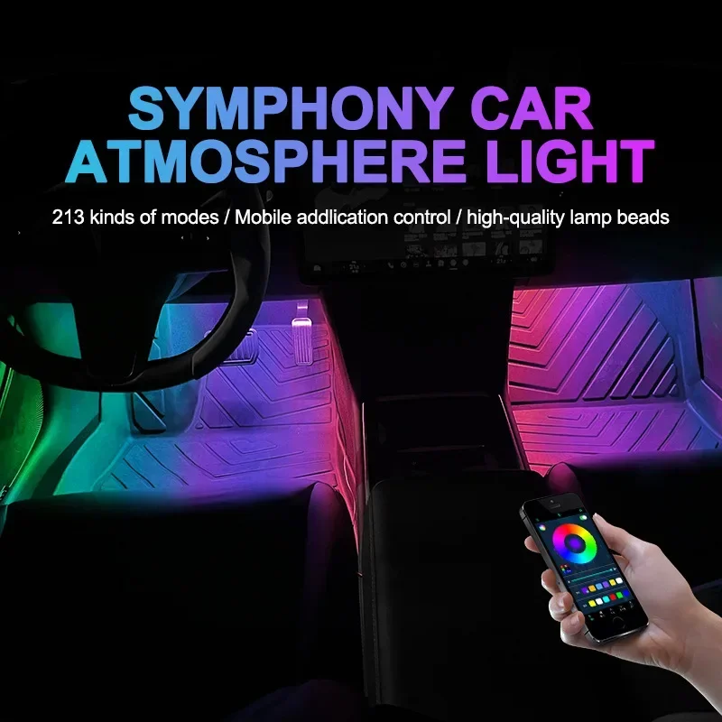 USB Car Foot Lights LED Ambient Lamp APP Control RGB Interior Decorative LED Rhythm Light Car Universal for Tesla Model 3/Y/S/X