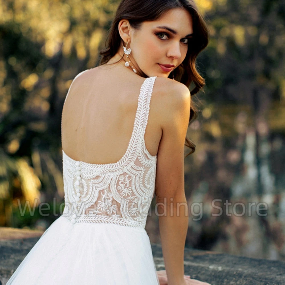 Boho Bridal Wedding Dress Sleeveless Sexy Open Back A-Line Lace and Tulle Floor Length Bride Seaside Marriage Gowns Robe