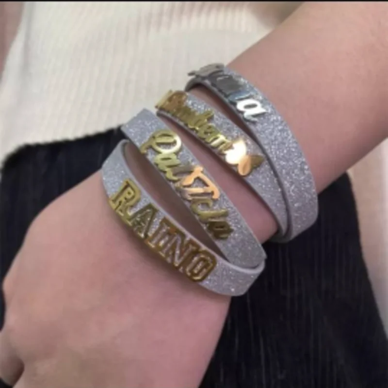 DUOYING Custom Stainless Steel Glitter Leather Bracelet With DIY Alphabet Bangles Nameplate Pop Bracelet For Women Jewelry Gift