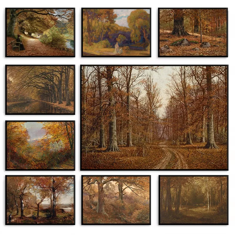 Vintage Autumn Forest Landscape Poster Moody Rustic Farmhouse Fall Trees Canvas Painting Wall Art for Living Room Home Decor