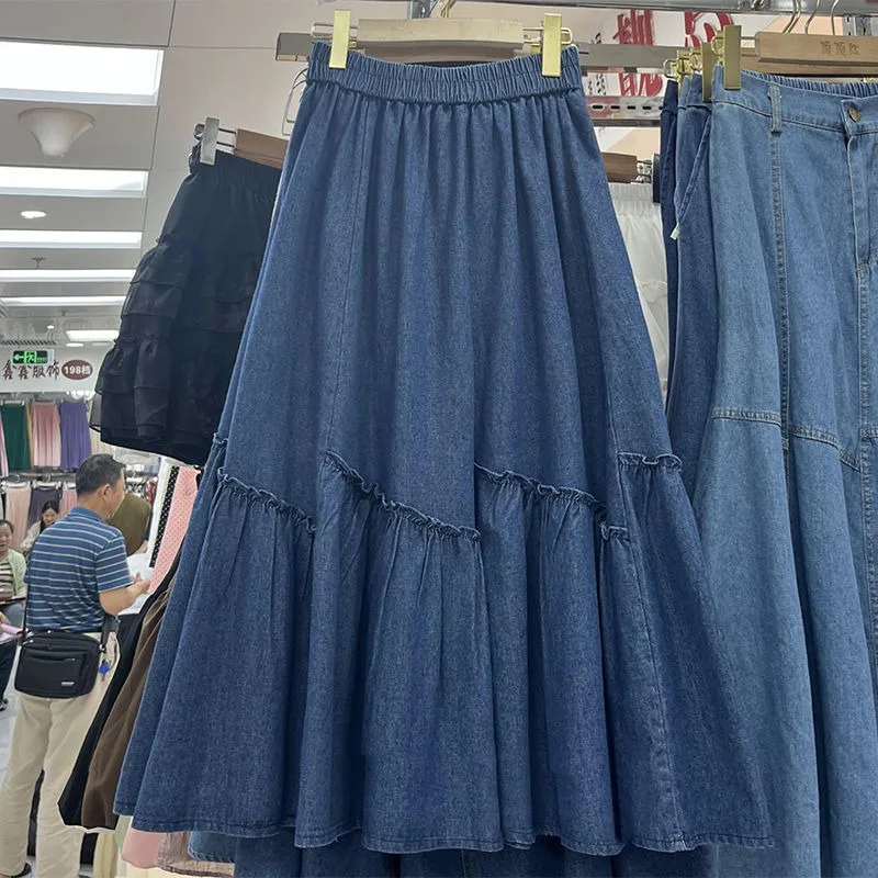 Denim Skirt Female Summer High Waist Pleted Edge Splicing in The Long Section of The Large Swing Skirt