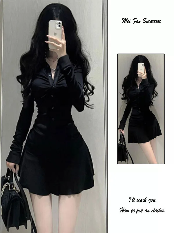 Spicy Girl Pure Desire Black Pleated Dress Women's Spring New Design  Collar Slim Fit A-Line  Skirt Korean Style High...