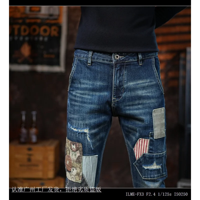 Needle sewn patchwork embroidered jeans for men, slim fit straight leg, personalized, fashionable, retro and trendy street pants
