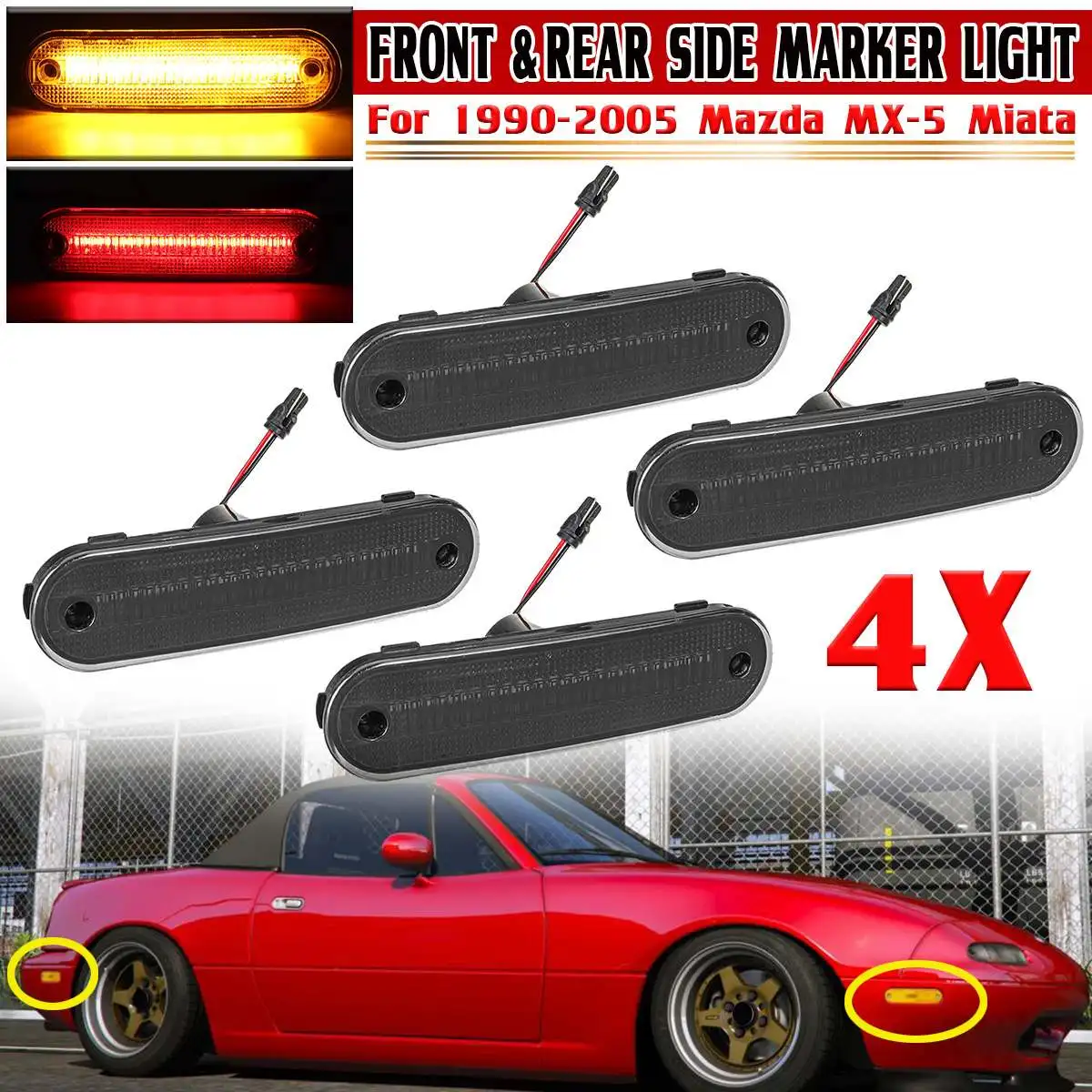 4x LED Front and Rear Turn Signal Lights Blinker Lamp For Mazda MX-5 Miata 1990-2005 Side Repeater Light Side Marker Light