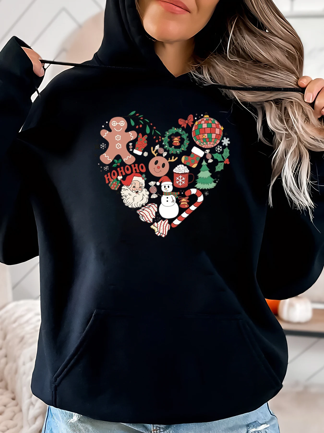 

Christmas Heart Print Holiday Hoodie Women Casual Winter Wear Black Plus-Size