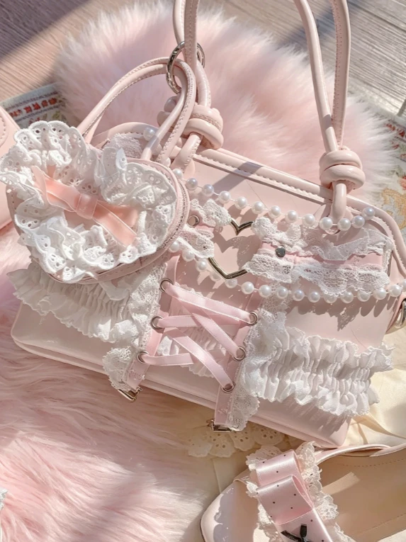 

Japanese Kawaii Cute Pearl Lace Strap Messenger Bag Female 2026 Summer New Sweet Large Capacity Lolita Backpacks White Bag Women