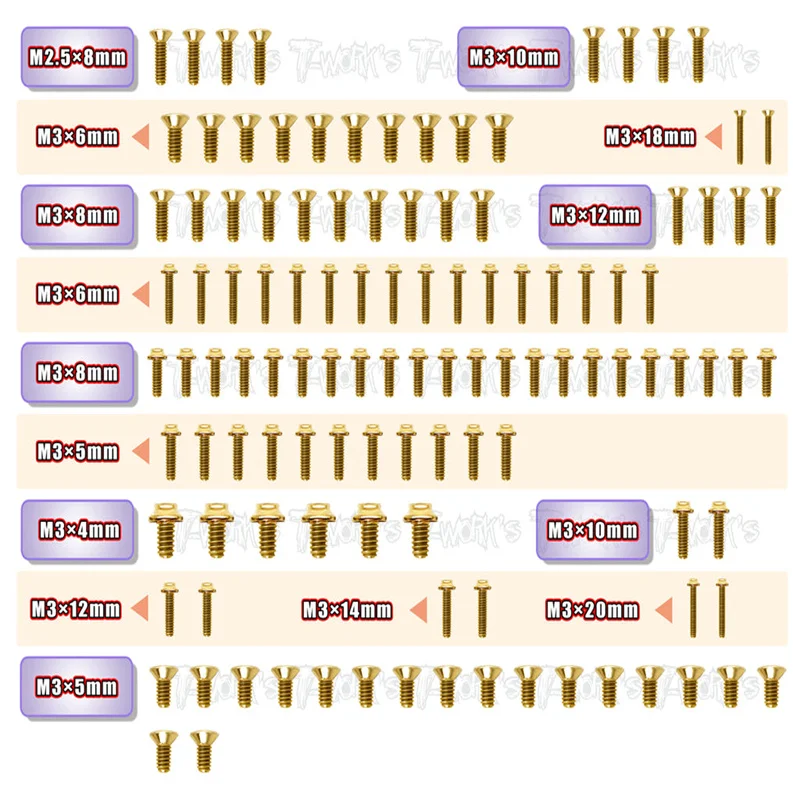 

Original T works GSSU-X4 Gold Plated Steel UFO Screw Set 115pcs. ( For Xray X4 )24pcsssional Rc part