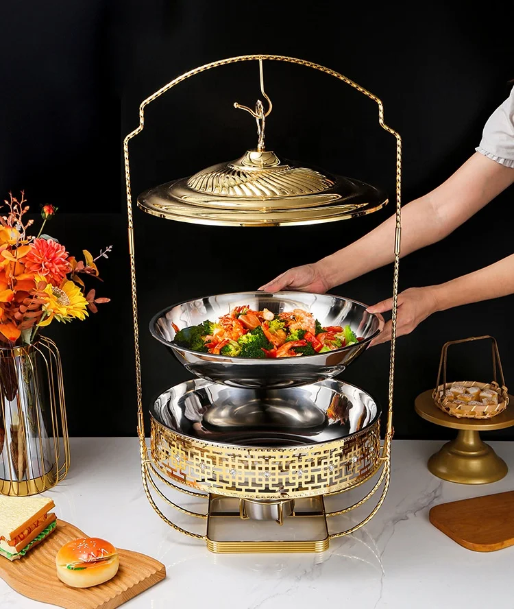 New 6L/8L stainless steel gold hot pot large capacity Chafing Dish with hanger lid for buffet party wedding