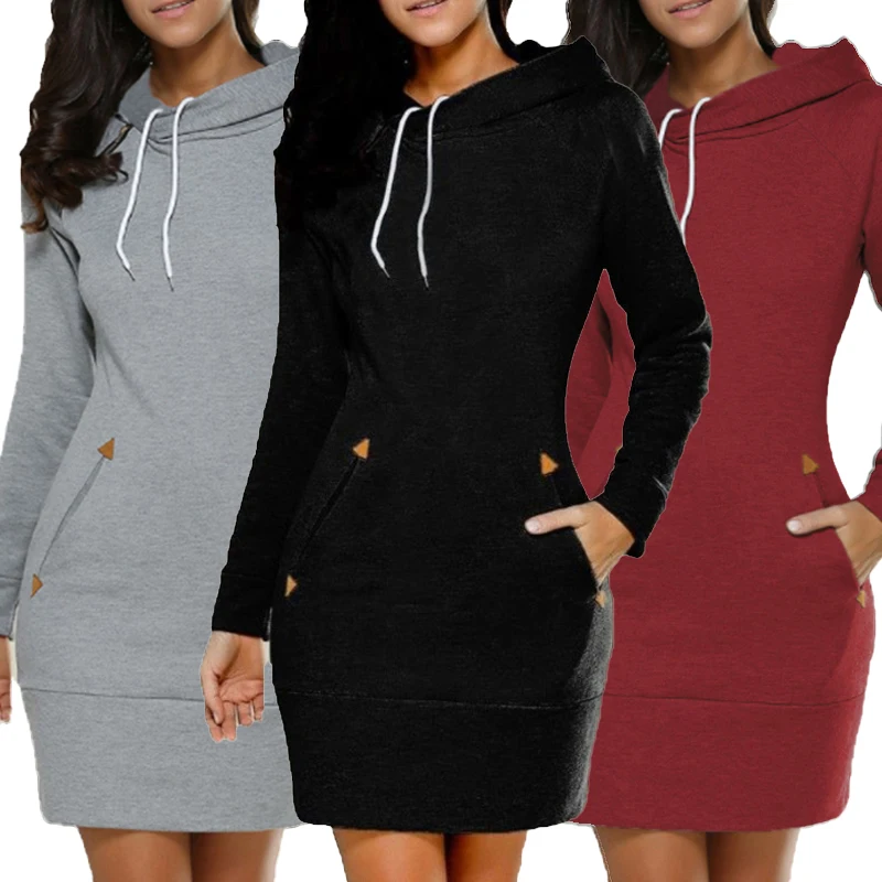 Women‘s Knee-Length Pockets Dress Hooded Warm Sweat Shirt Long Sleeve Side Zip Neckline Simple Casual Sports Skirt