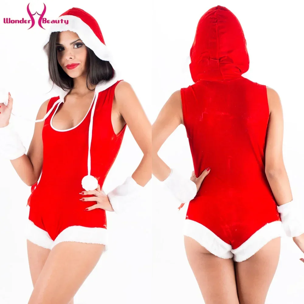 Women Christmas Santa Bodysuit Red Hooded Romper Xmas Costume Velvet Jumpsuit Holiday Party One Piece Sexy Outfit