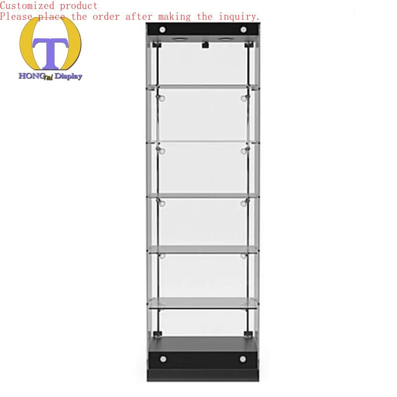 

Custom.Single Glass Door Trophy Display Case Upright Glass Showcase Frameless Tobacco Shop Counter With Spot Lighting for Smoke