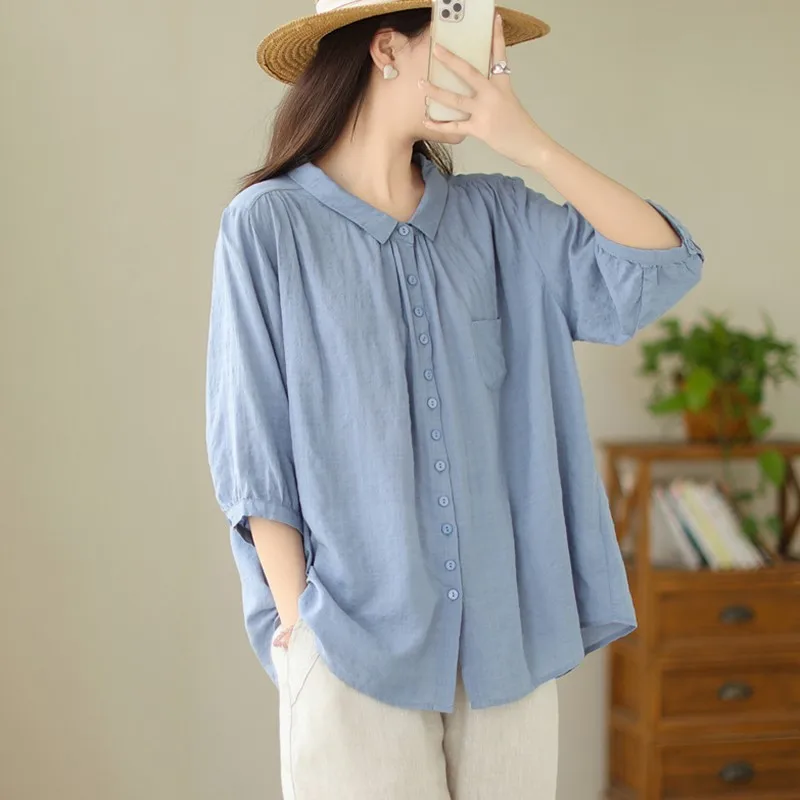 Women Casual Cotton Shirt New Arrival 2024 Summer Simple Style Solid Color Basics Loose Female Half Sleeve Tops Shirts B3818