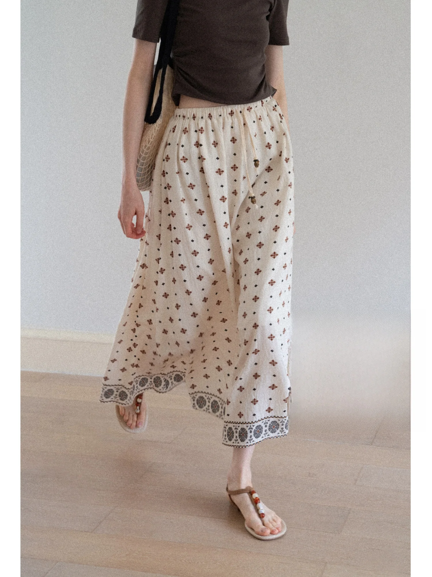 

Eggka Ethnic Print Elastic Waist Dstring A-Line Midi Skirt Covering Hip Slimming Umbrella Skirt Women's Faion