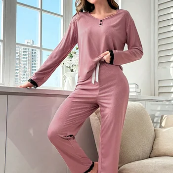 Kadınlar için yeni sonbahar kışlık pijama uzun kollu pijama süt ipek kadın pijama katı yumuşak Loungewear