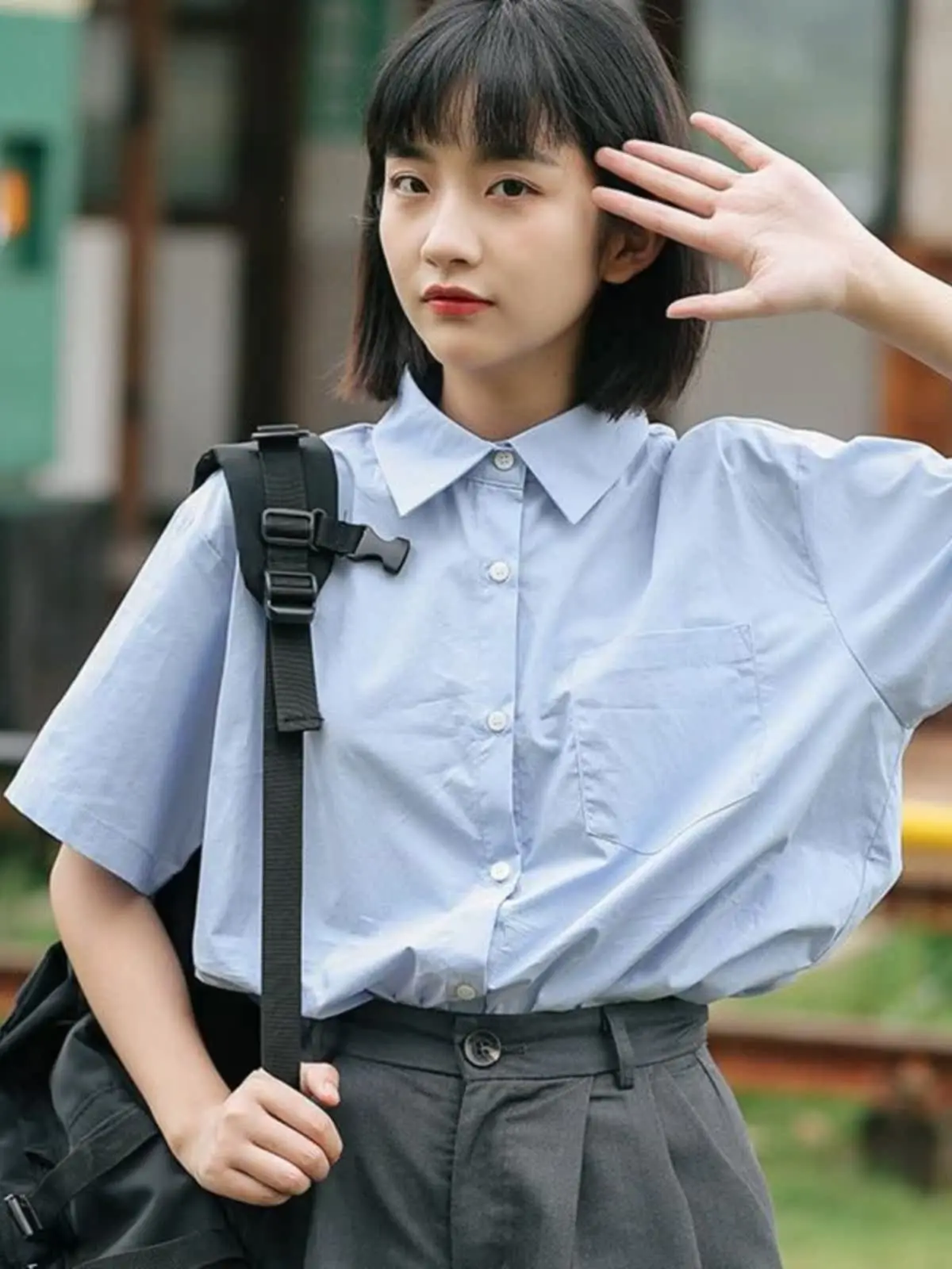 

Синяя женская рубашка с коротким рукавом в корейском стиле, летняя повседневная модная блузка свободного кроя с эффектом стройности, в студенческом стиле