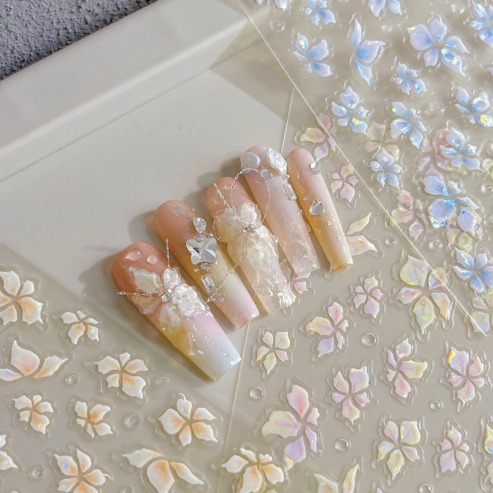 

Colorful Flower Nails Stickers Glossy Self Adhesive Blue Floral Press On Nail Decals Elegant DIY Mancure Nail Art Decorations