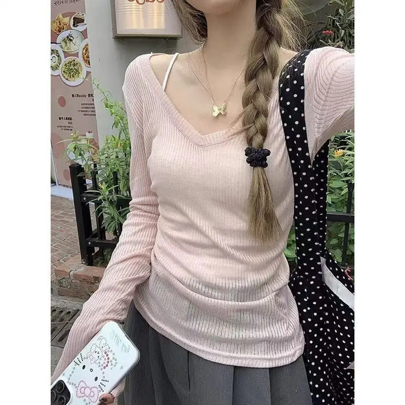 Summer Thin Long Sleeve V-Neck Knitted Top Women\'s Spring Autumn New Design Layering Shirt Lightweight Breathable T-Shirt