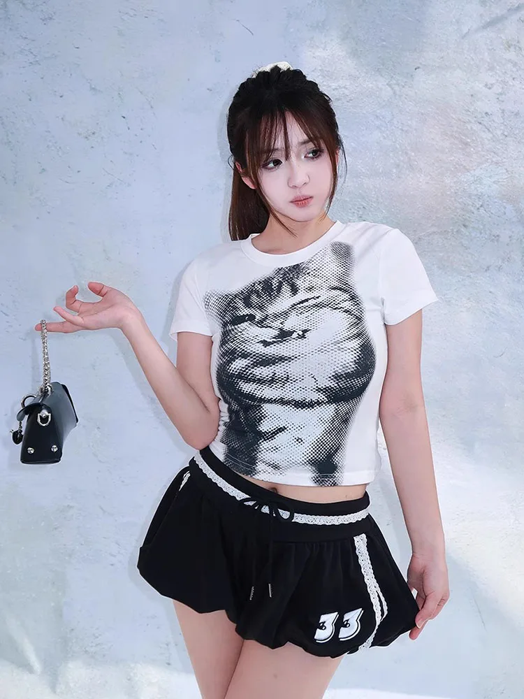 Harajuku Animal Print Crop Top Basic White Short Sleeve Crewneck T-shirt Women Casual Slim-fitting Tees Lady y2k Vintage