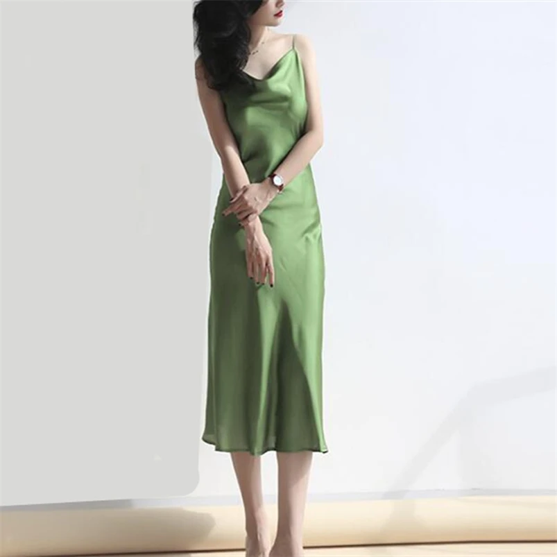 2024 Summer Ladies Satin Camisole Long Dress Swinging Collar New Spring Solid Silk Inner Dress Women Slim Fit Soft Dress Vestido