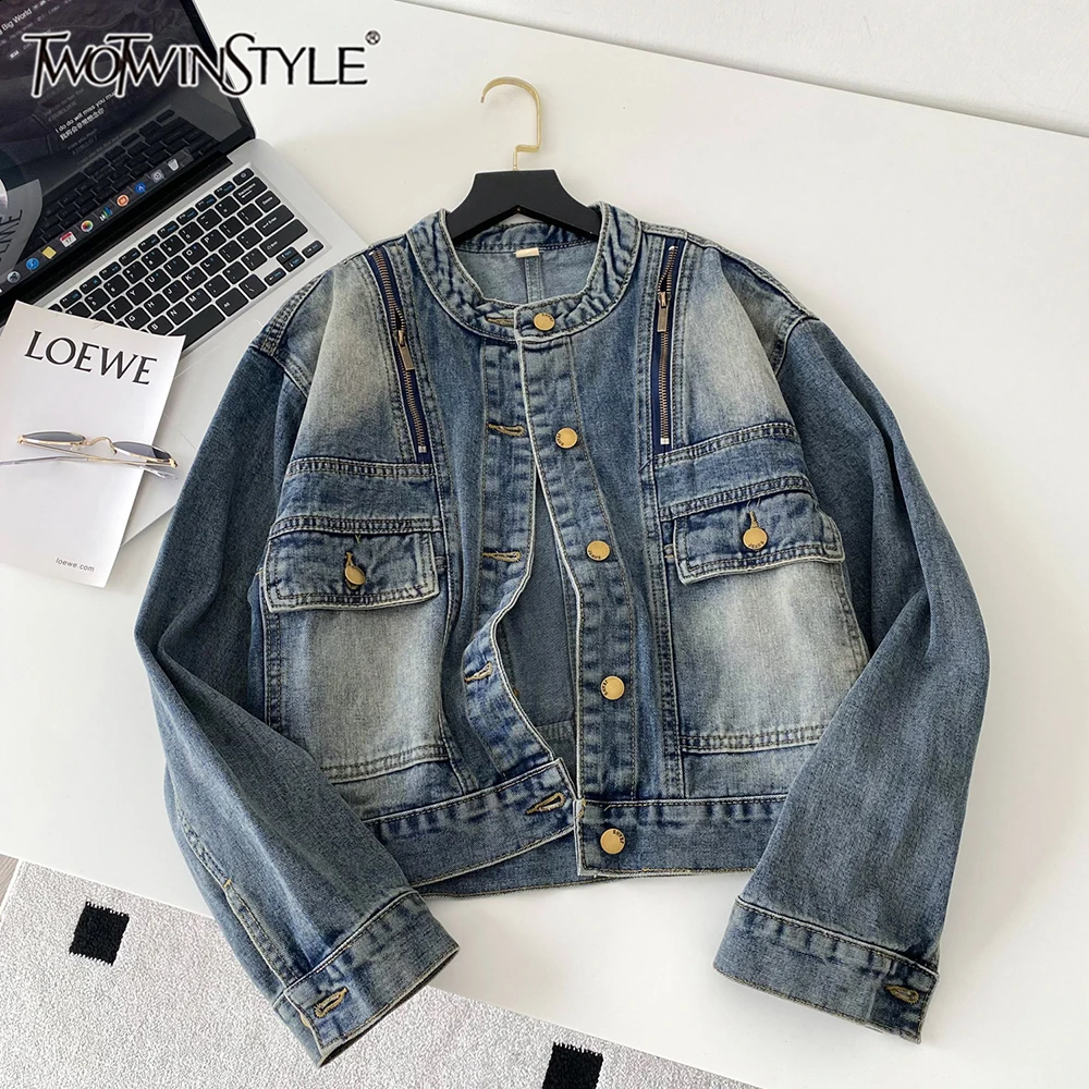 

TWOTWINSTYLE Casual Loose Solid Short Denim Jackets For Women Round Neck Long Sleeve Spliced Button Chic Coat Female KJA547124