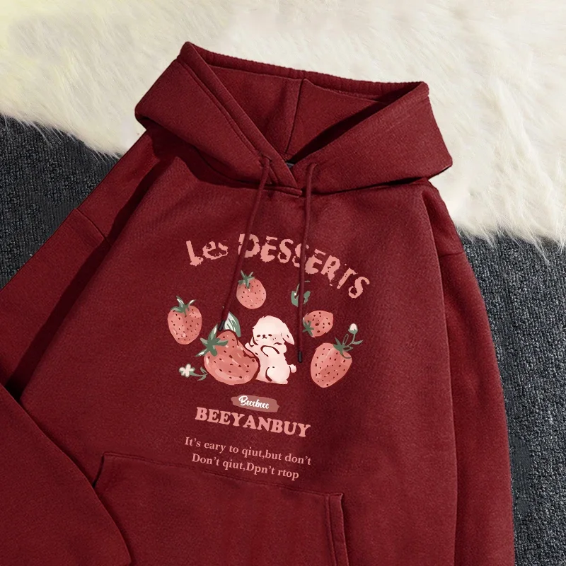 

Fashion Women'S Hoodie Cute Strawberry And Rabbit Printed Sweatshirt Pocket Soft Warm Breathable Pullover Autumn Winter Hoody