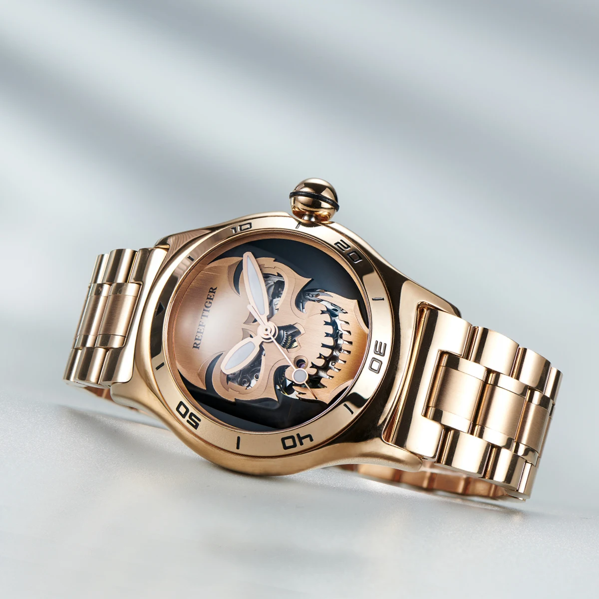 Reef Tiger Men's Automatic Skeleton Watch – Luxury Skull Design, Mechanical Movement, Luminous, Water-Resistant, Stylish