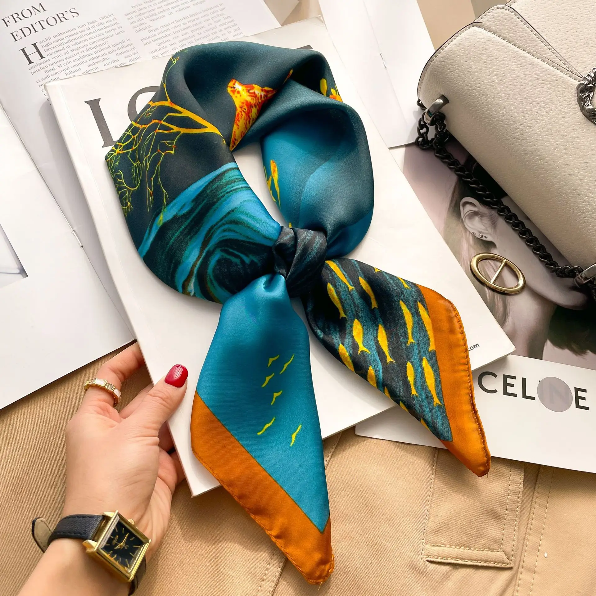 Luxus Design Seide Schal Quadrat Schal Für Frauen Satin Hijab Mode Wraps Halstuch Weibliche Haar Bands Band Stirnband Bandana – Detail 1