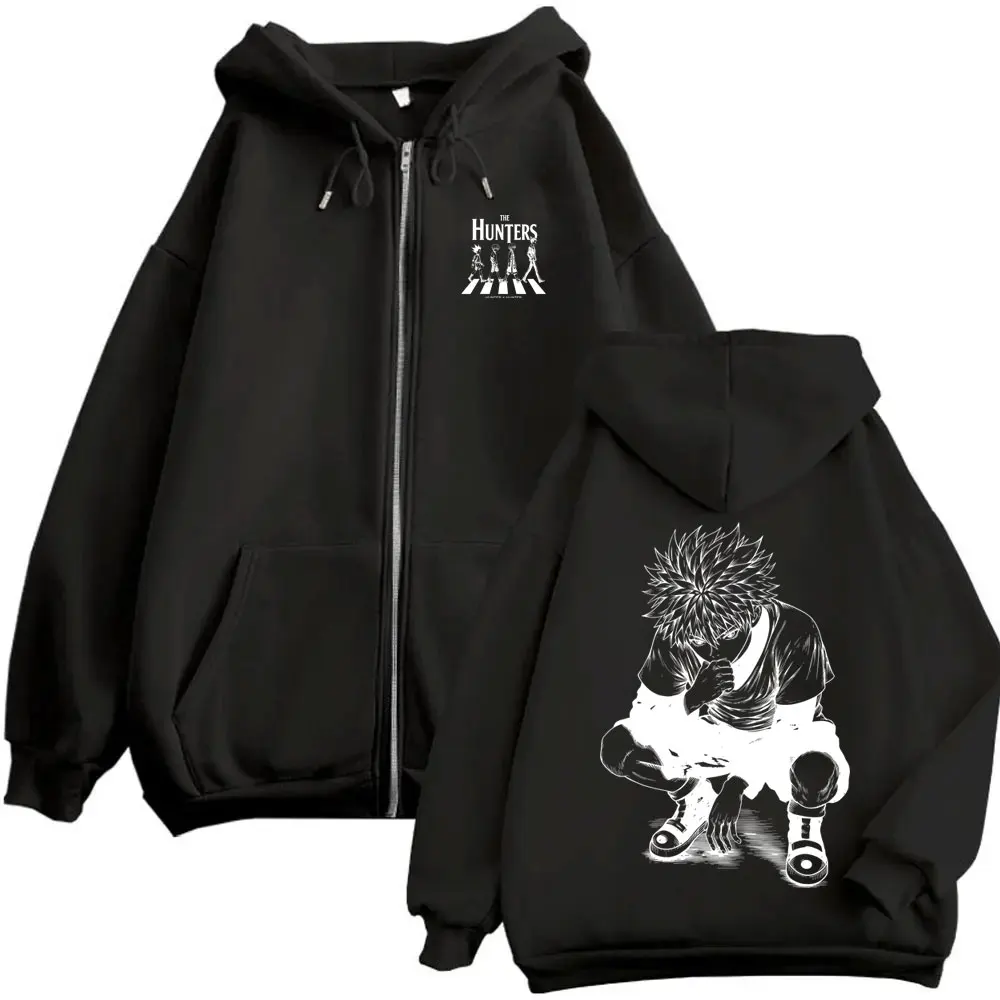 Anime Hunter X Hunter Reißverschluss-Hoodie Manga Killua Zoldyck Zip-Up-Jacke für Männer und Frauen Lässiger Vintage Oversized Zip-Up-Sweatshirt-Mantel – Detail 3