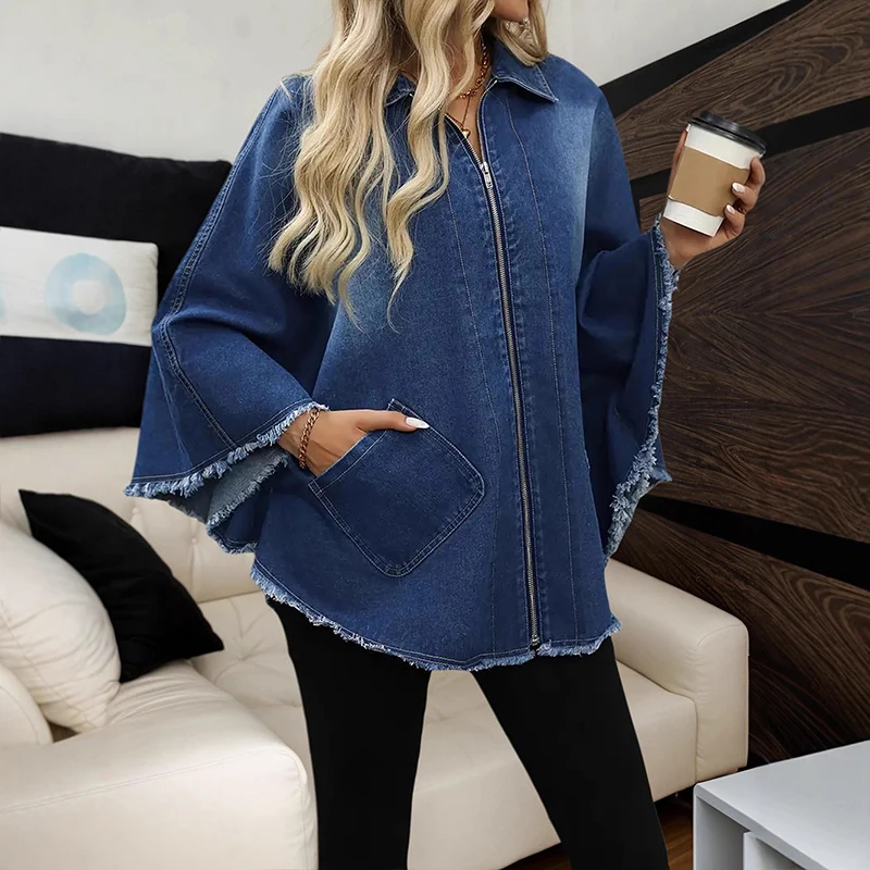 OMSJ Women's Fashion Casual Denim Turn-down Collar Batwing Sleeves Zip-up Loose Fitting Jacket Outerwear Jean Clothes Streetwear