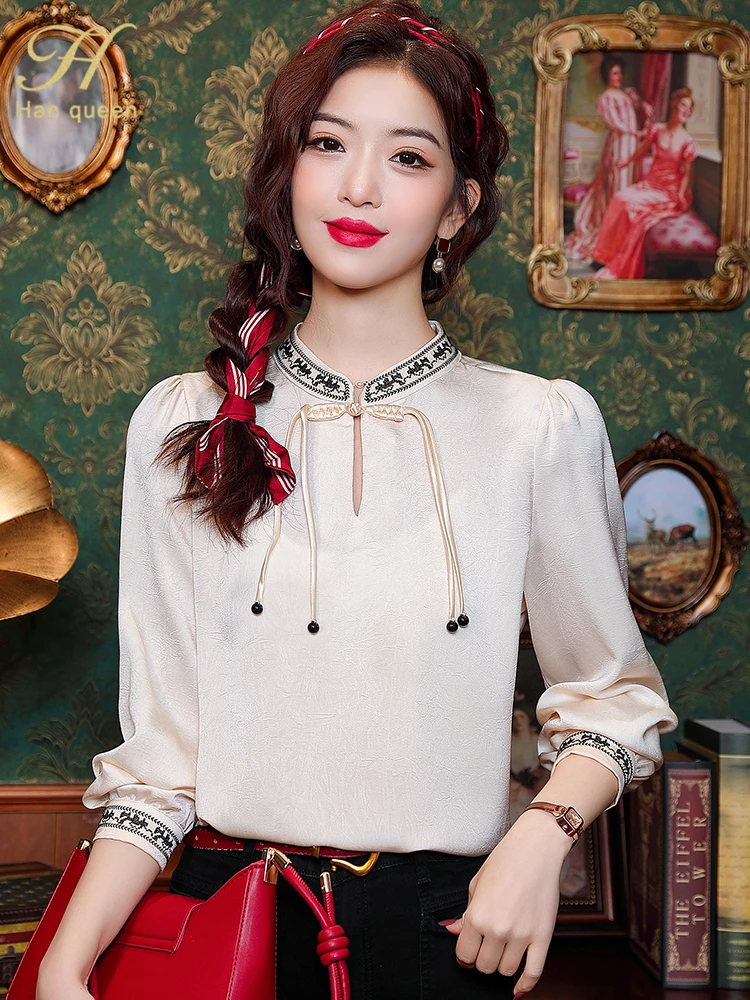 H Han Queen New Arrival 2024 Women\'s Elegant Blouse Vintage Casual Tops Chiffon Blouse Loose Long Sleeve Shirts Spring Simple