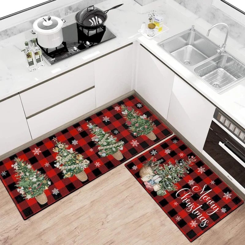 VIKAMA Red Christmas Anti Slip Kitchen Floor Mat, Absorbent Anti Fatigue Decorative Carpet, Indoor Home Decoration