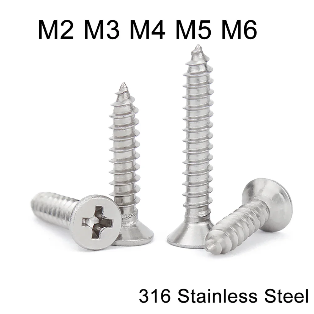 1-100pcs M2 M3 M4 M5 M6 Phillips Countersunk Self Tapping Screw 316 Stainless Steel Long Wood Screws A4 Cross Flat Head Bolts