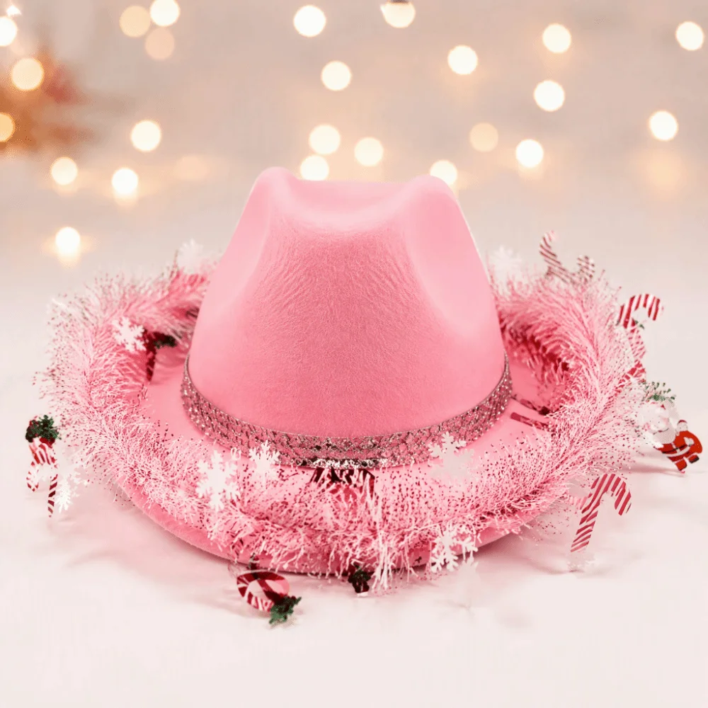 Novelty Ribbon Decoration Christmas Cowboy Hat Vintage Snowflake Cowgirl Hat Santa Claus Design Sunscreen Top Hat Unisex