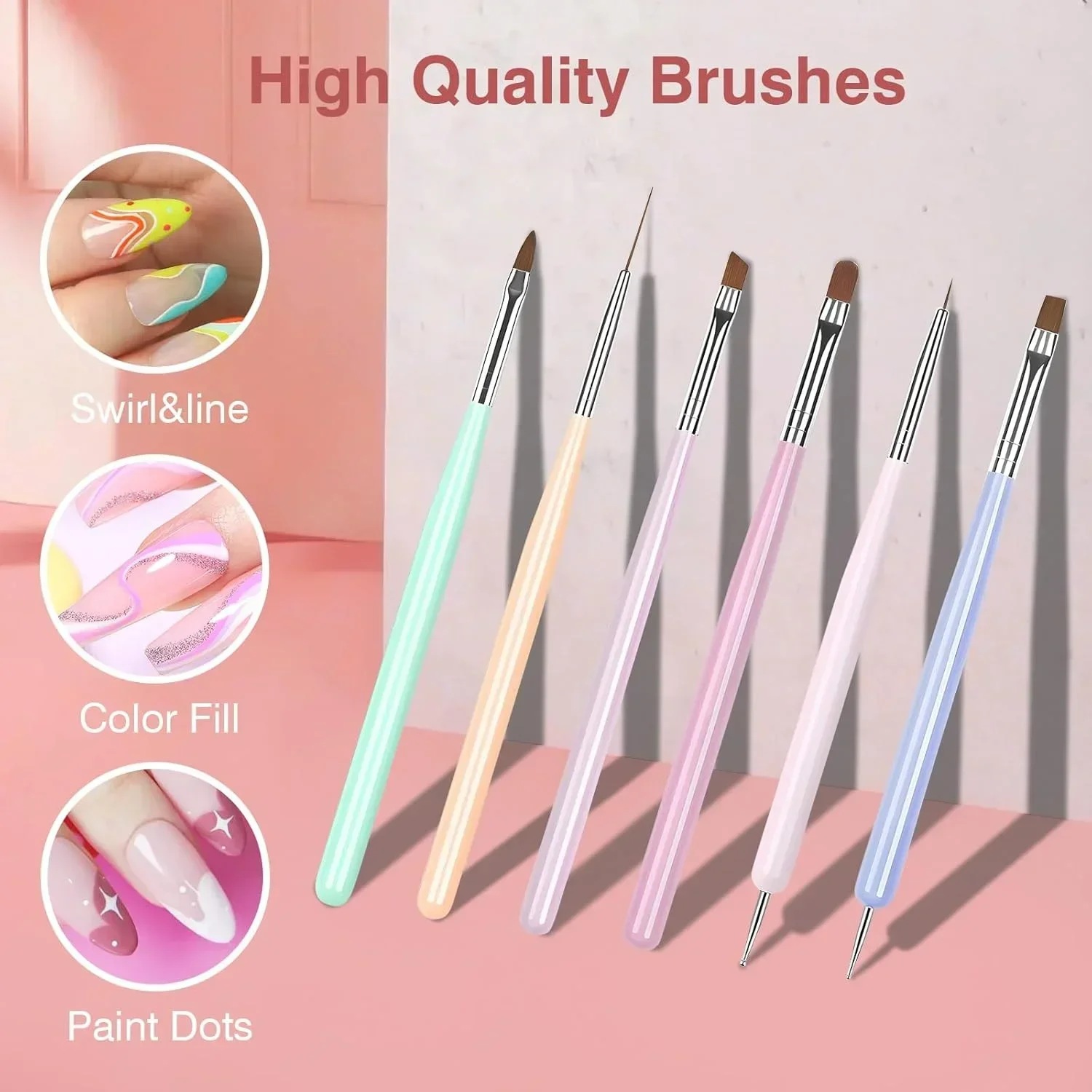 6-Piece Double-Ended Macaron Color Nail Art Brush Set for Painting and Design, Ideal for Home & Professional Salon Use