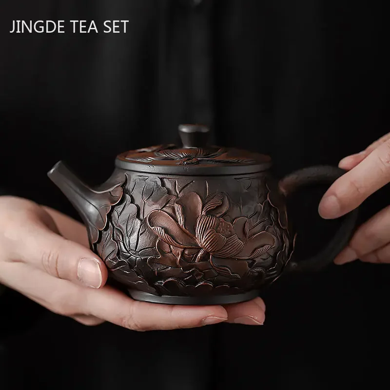 Retro Purple Pottery Teapot Hand-carved Dragon Pattern Xishi Pot Ball Hole Filter Beauty Tea Infuser Chinese Pu \'er Tea Set