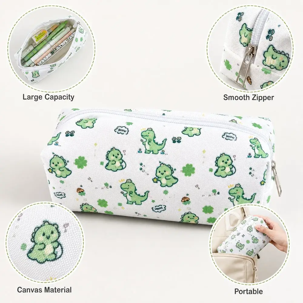 Dinosaur Pattern Dinosaur Pencil Case Metal Zipper Large Capacity Stationery Organizer Cute Style Rectangular Shape
