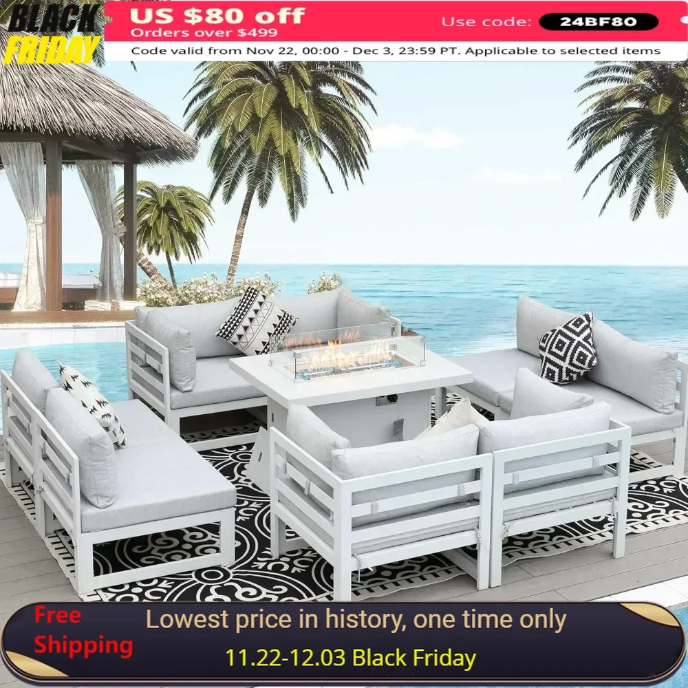 

9 Pieces Aluminum Patio Furniture with Fire Pit Outdoor Conversation Set, Outdoor Modern Luxury Sectional Sofa Set