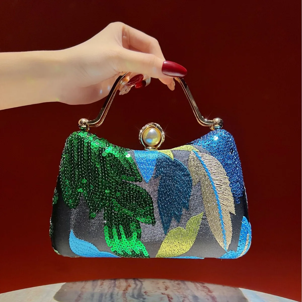 New Fashion Sequin Embroidery Dinner Bag Retro Luxury Clutch Bag Women's Cheongsam Handbag Diamond Tote Bag