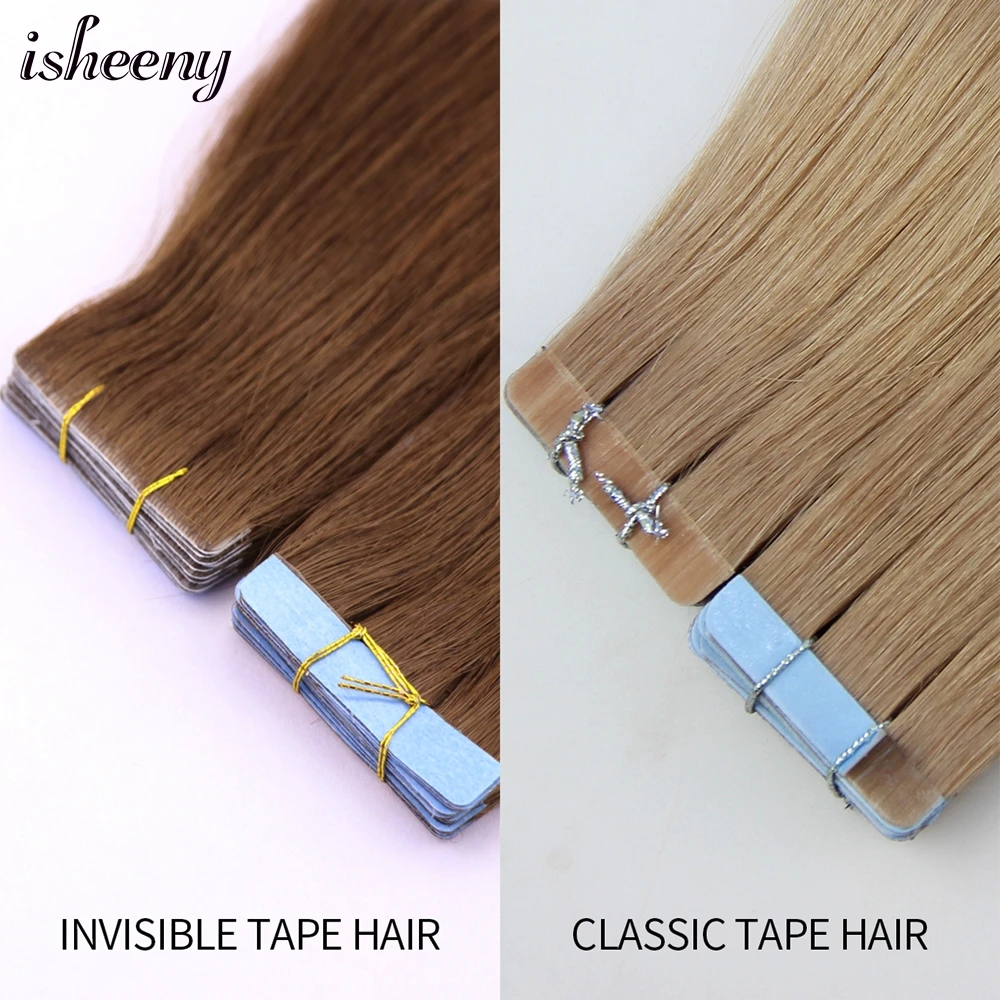 Isheeny-Cinta Invisible en extensiones de cabello, 12 "16" 20 "22", cinta de trama de piel Ins 10 piezas, cabello humano Remy Natural liso hecho a máquina