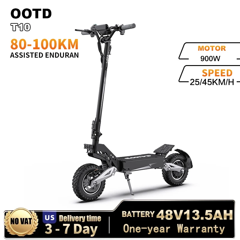 

Электрический скутер OOTD T10, 900 Вт, пиковая мощность 48 В, 13 Ач, широкий набор, городской электрический скутер, светодиодный набор для 11-дюймового портативного электронного скутера