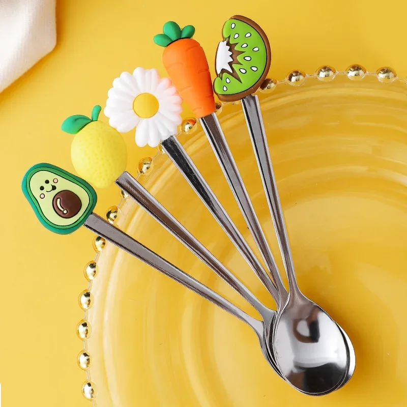 15cm Cartoon Fruits Design Coffee Spoon Creative Stainless Steel Ice Cream Spoon Fork Long Handle Tea Spoon For Stirring