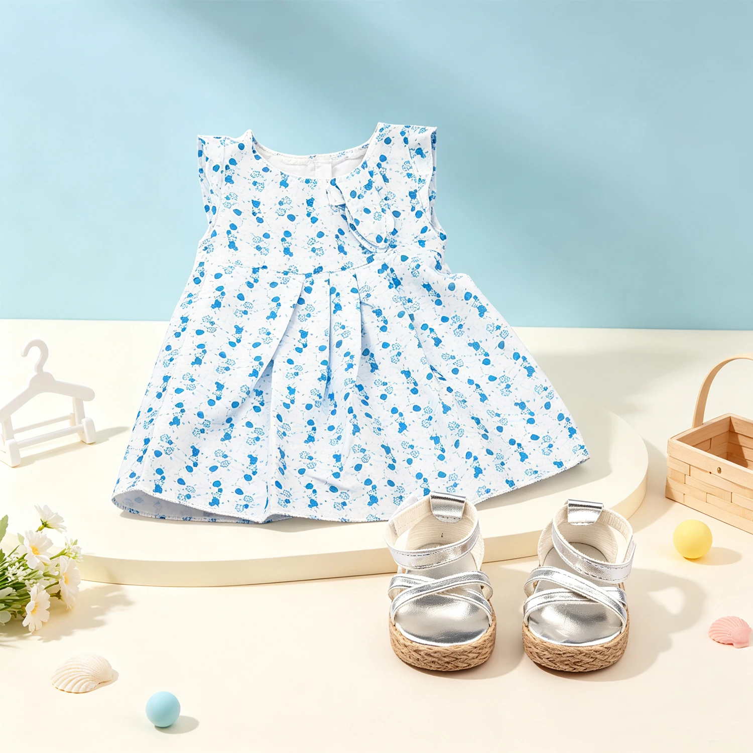 Blue Ditsy Floral Sleeveless Doll Dress Set Silver Woven Strap Sandals Fashion Accessories for 18 Inch American & OG Girl Dolls