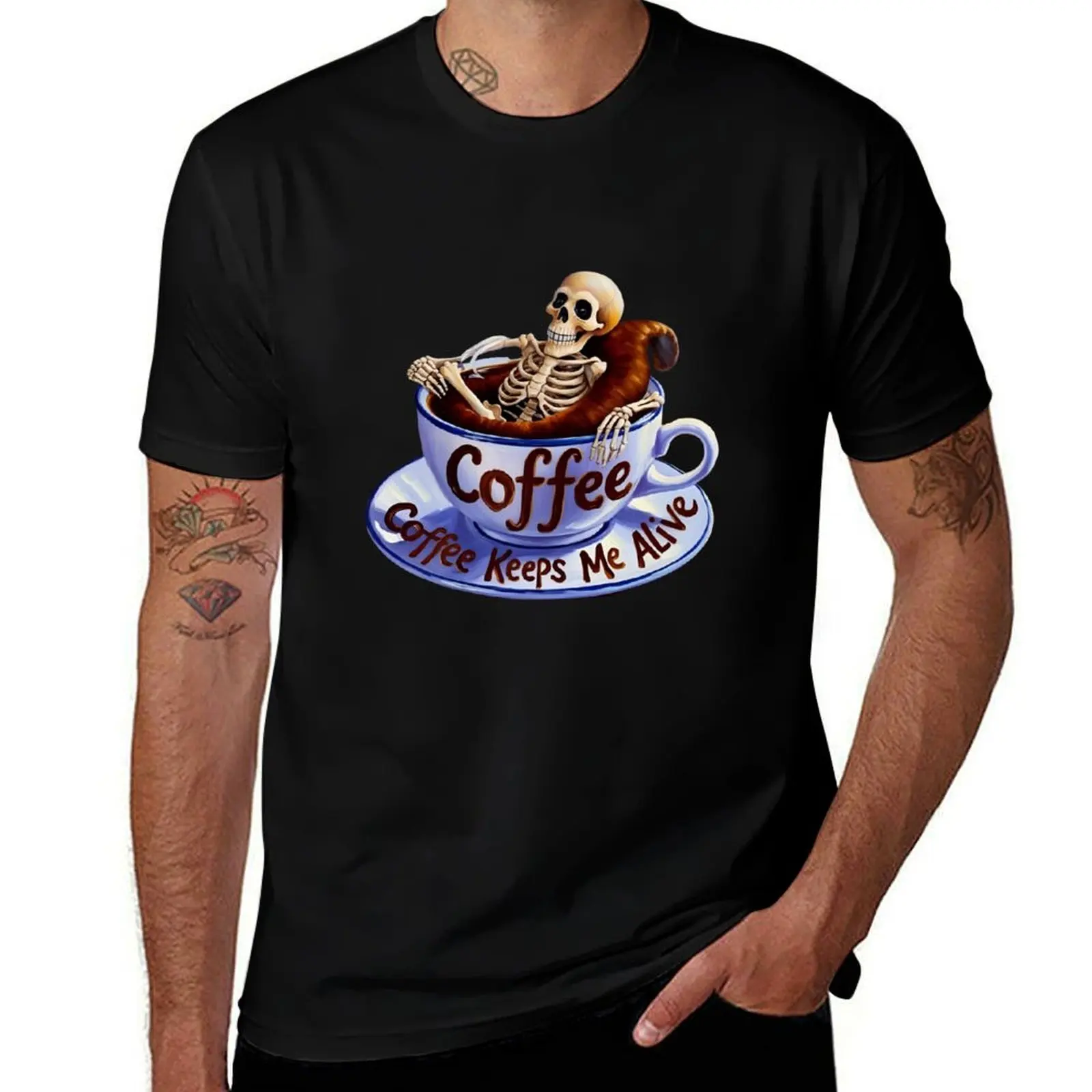 

Coffee Keeps Me Alive Skeleton Funny T-Shirt graphic tee shirt tees Luxury man heavyweight t shirts for men