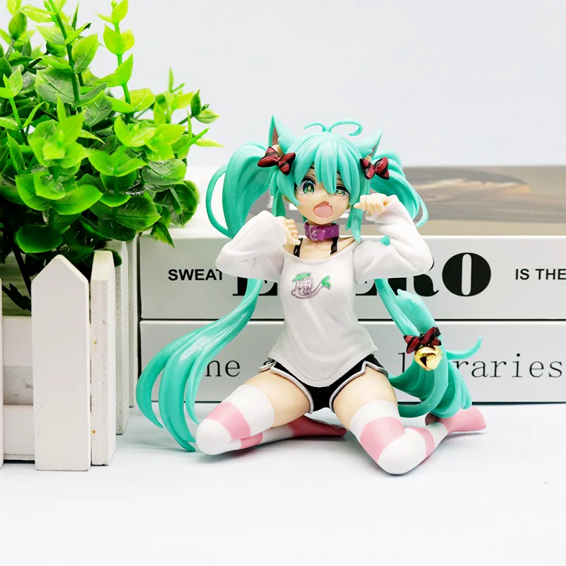 

Miku Model Anime Girl Figures Cat Ear Sitting Posture Short Sleeved Pajamas Figurines Car Decoration Doll Kids Toys Gifts