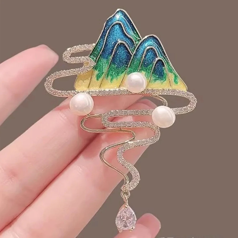 الجبل والسحابة خريطة شرابة دبابيس كريستال للنساء الرجال حجر الراين المينا الصدار دبابيس 2024 النمط الصيني الإكسسوارات والمجوهرات